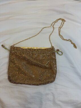 Bam Forever gold crystal rhinestone mesh slouch pouch evening bag